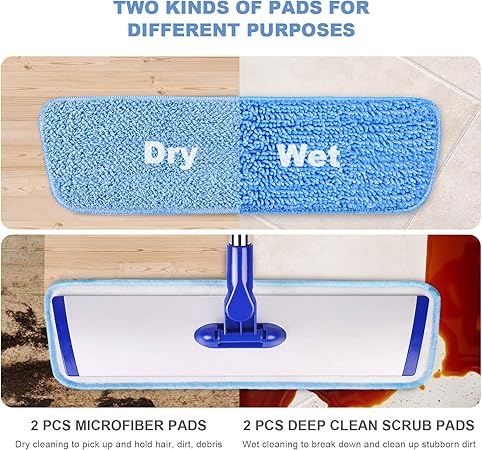 18" Microfiber Flat Mop with Stainless Steel Handle, 4 Reusable Mop Pads T941