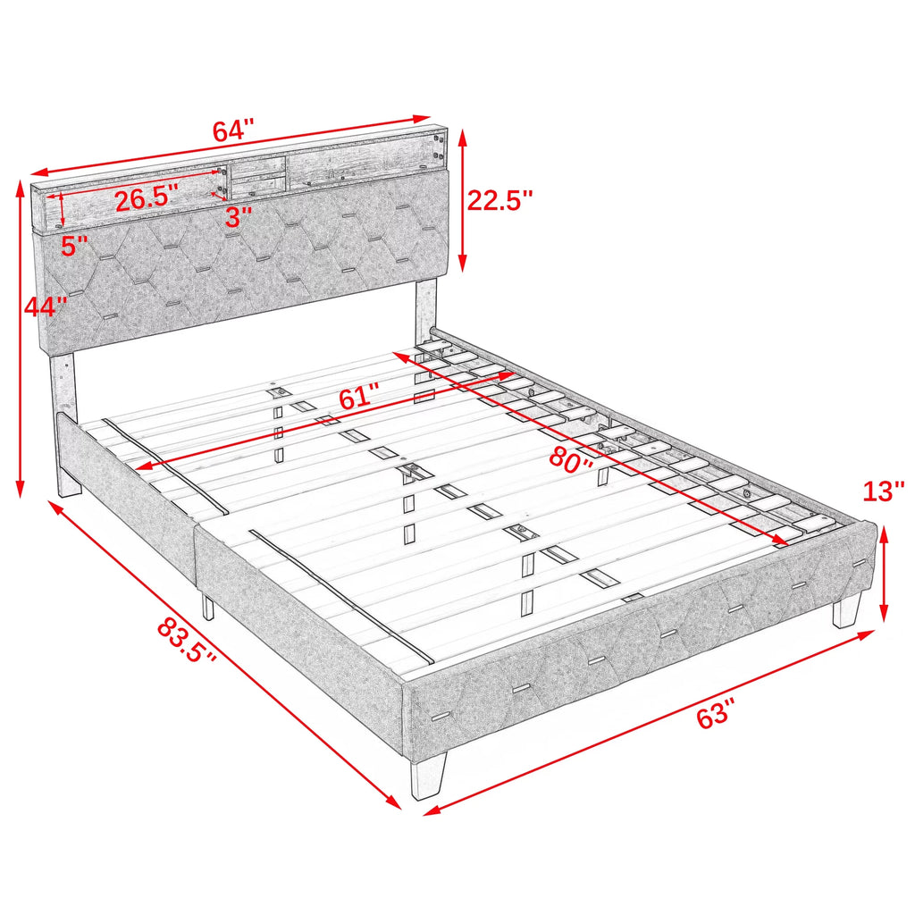 Upholstered Bed 160 x 200 cm with USB and Storage Headboard D1276