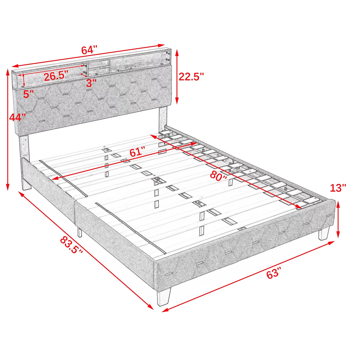 Upholstered Bed 160 x 200 cm with USB and Storage Headboard D1276
