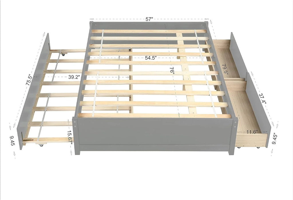 Full Size Wood Platform Bed with Trundle and 2 Drawers T661142