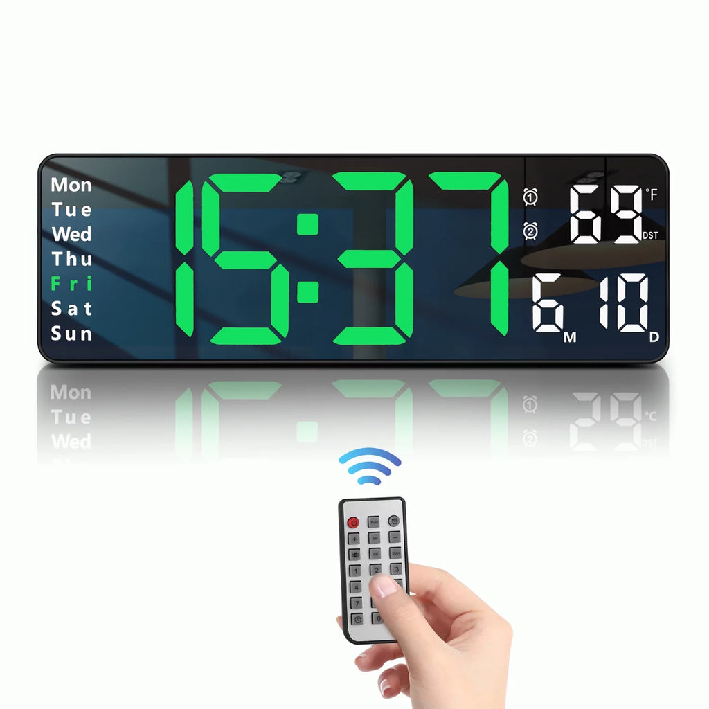 Digital Wall Clock with Large LED Display, Loud Alarm, Remote Control H8634