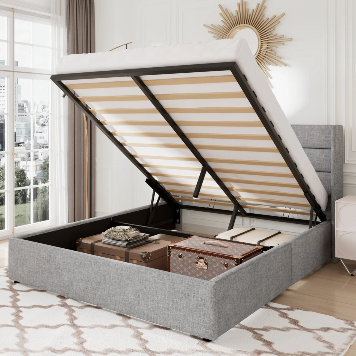 Queen Size Lift Up Platform Storage Bed Frame with Wingback Headboard Light Beige N322