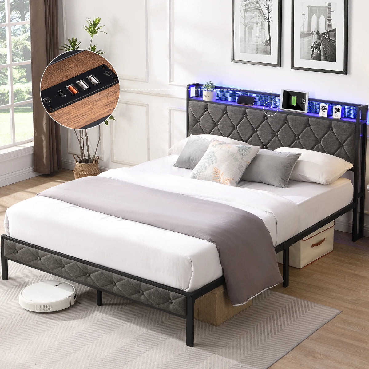 Full Size Upholstered Platform Bed with Storage Headboard P1837