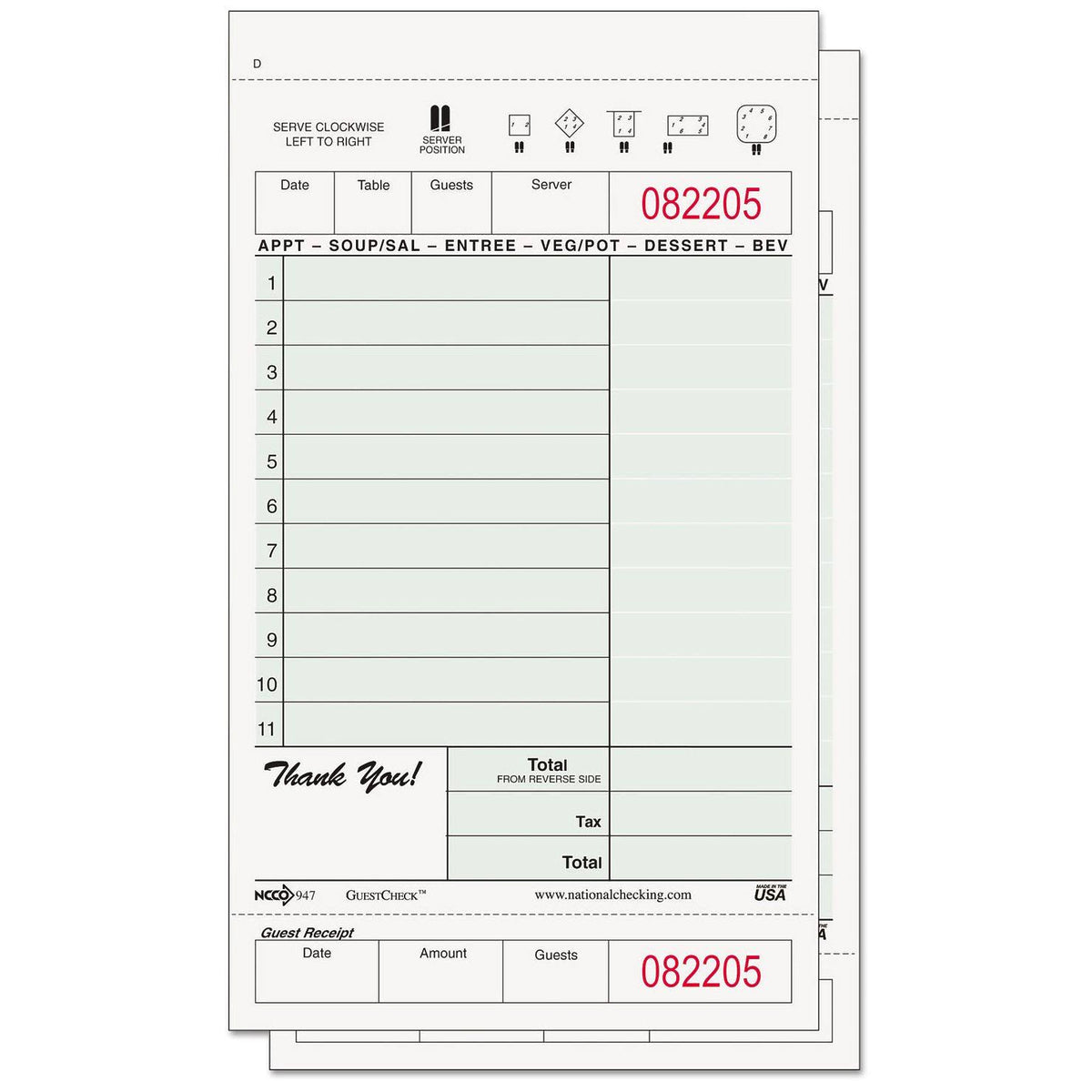 Carbonless Two-Part Guest Check, Green/White R181