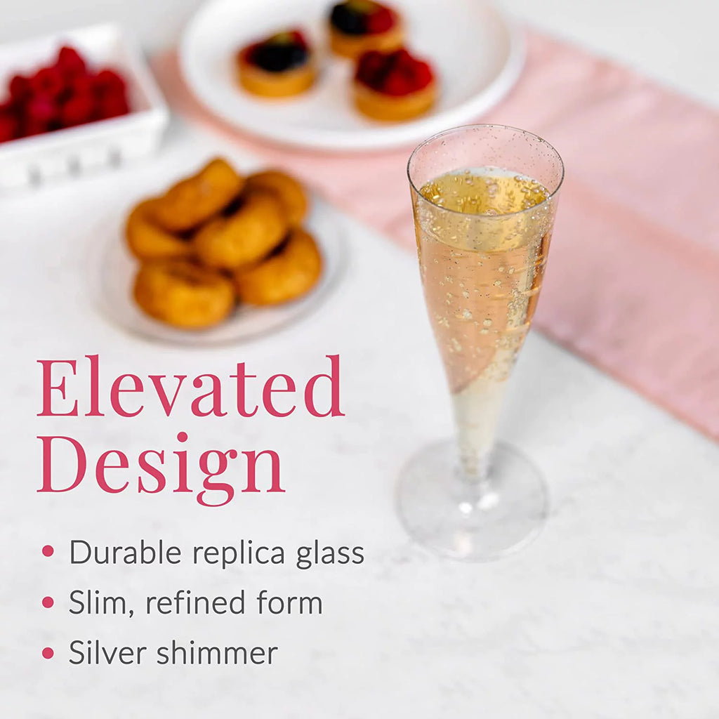 100 Pack Silver Glitter Plastic Champagne Flutes F323