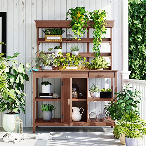 66" Wooden Potting Bench with Drawers Cabinet and Shelves A743794