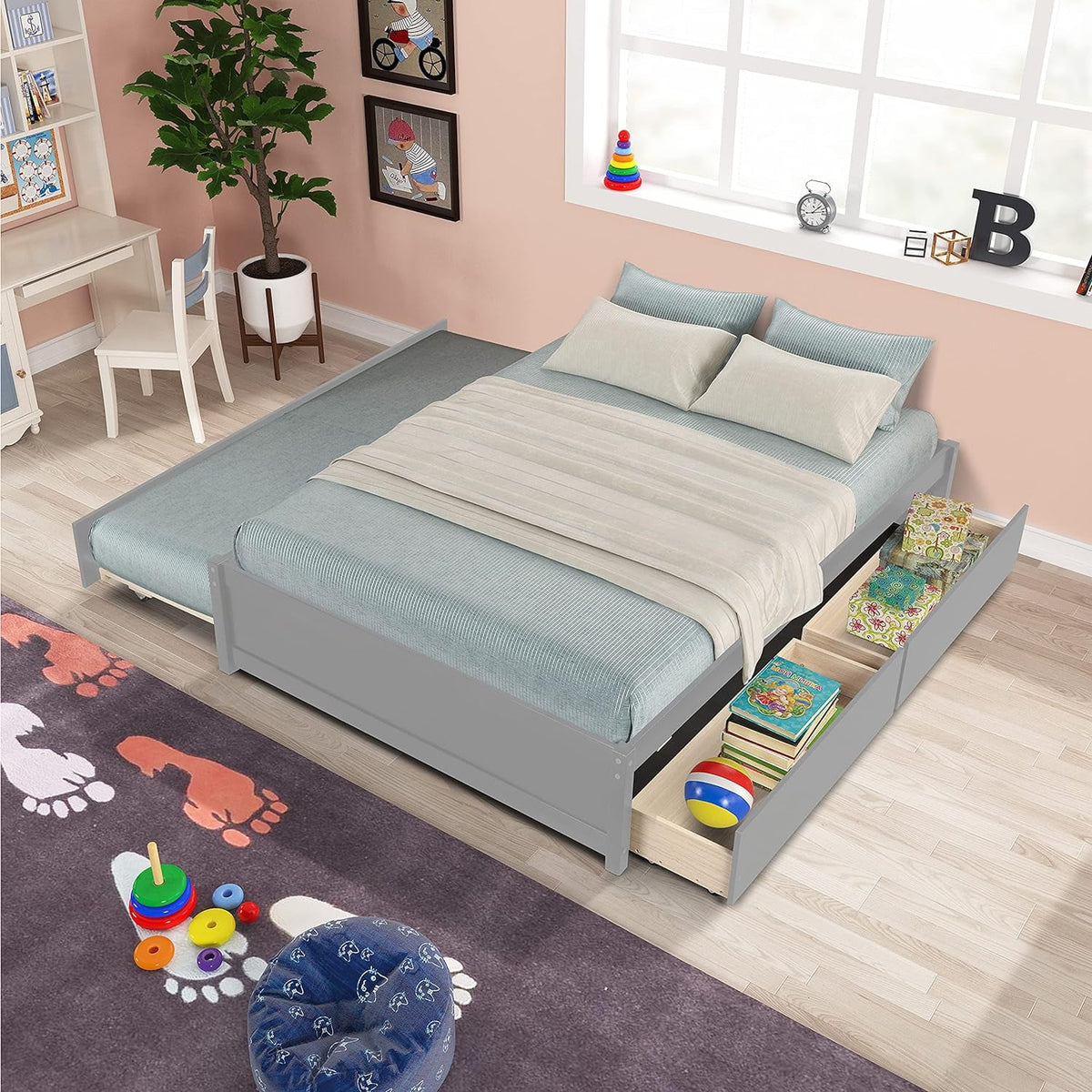 Full Size Wood Platform Bed with Trundle and 2 Drawers T661142