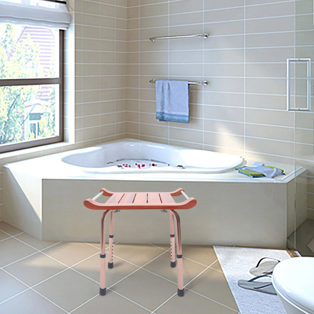 Teak Shower Stool Non-Slip Adjustable D92881