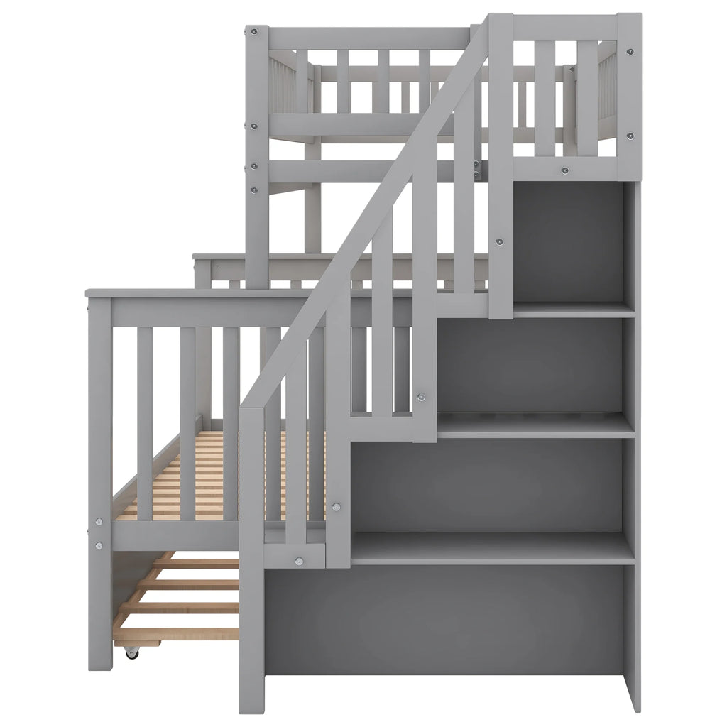 Twin over Full Bunk Bed with Trundle and Staircase, Gray Solid Wood H4270