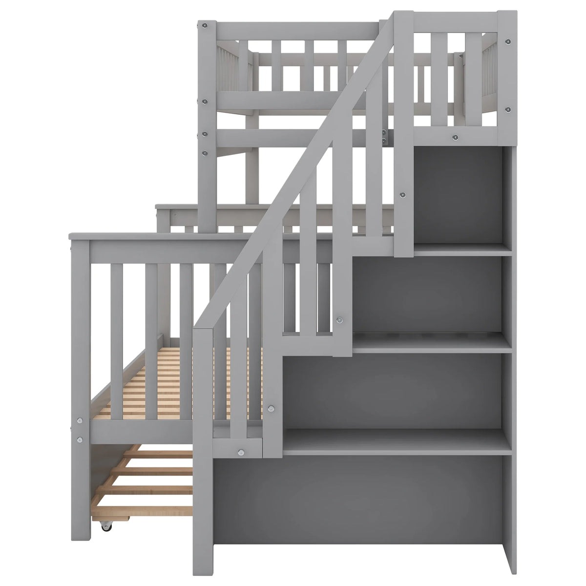 Twin over Full Bunk Bed with Trundle and Staircase, Gray Solid Wood H4270