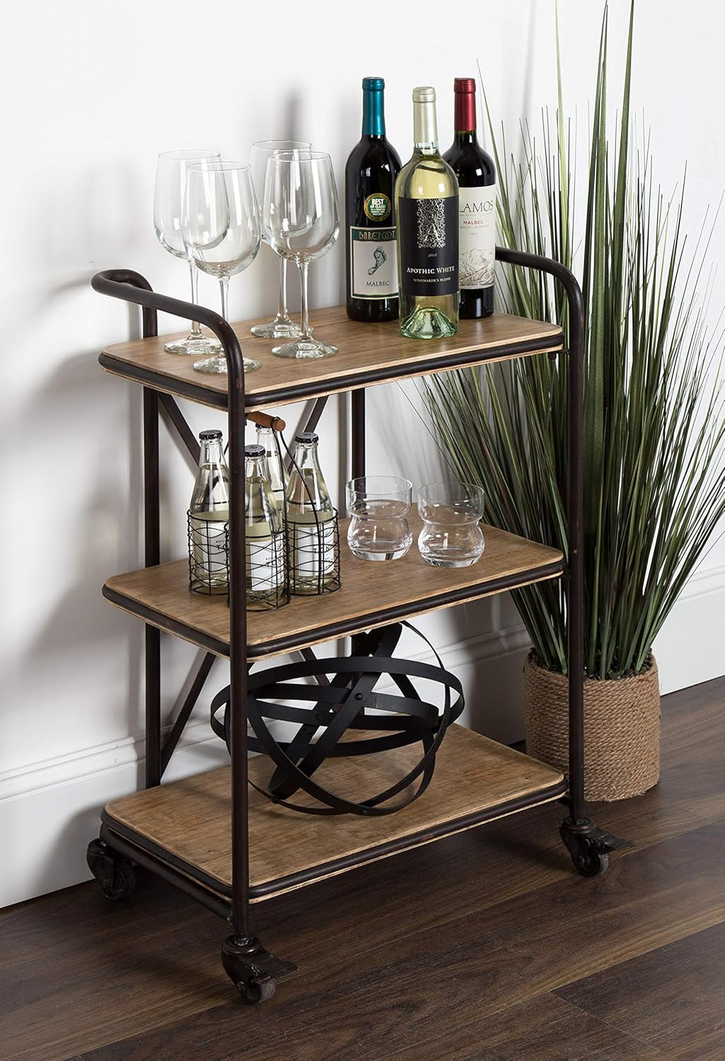 Wood and Metal 3 Tiered Rolling Bar Cart M416672