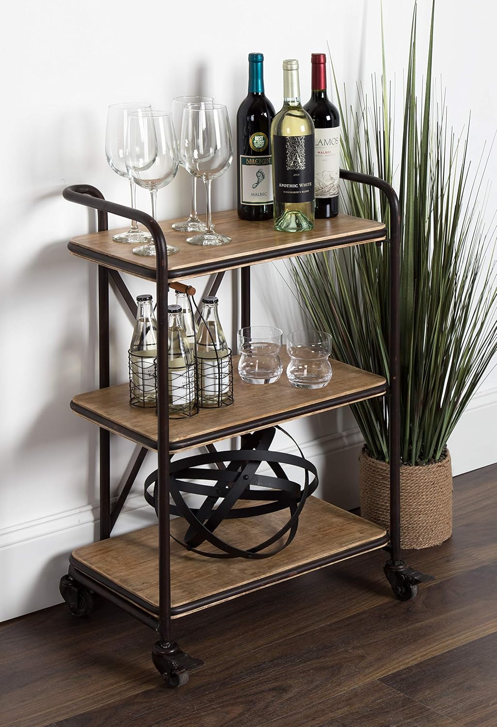 Wood and Metal 3 Tiered Rolling Bar Cart M416672