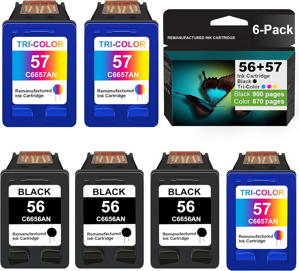 6 Pack Remanufactured Ink Cartridge Replacement (3 Black + 3 Tri-Color) P602393