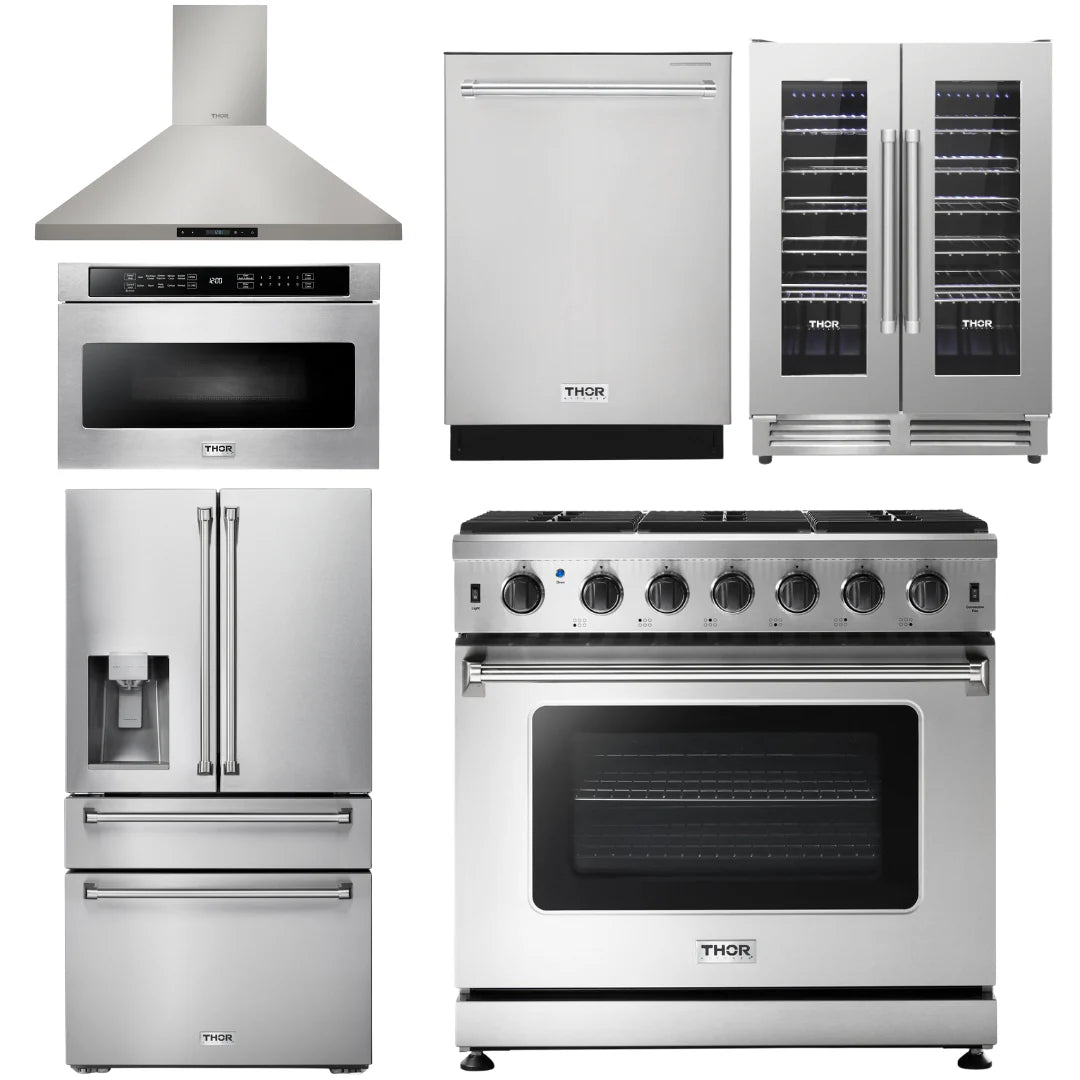 36 Propane Gas Range, Range Hood, Microwave, Refrigerator, Dishwasher, Wine Cooler K417