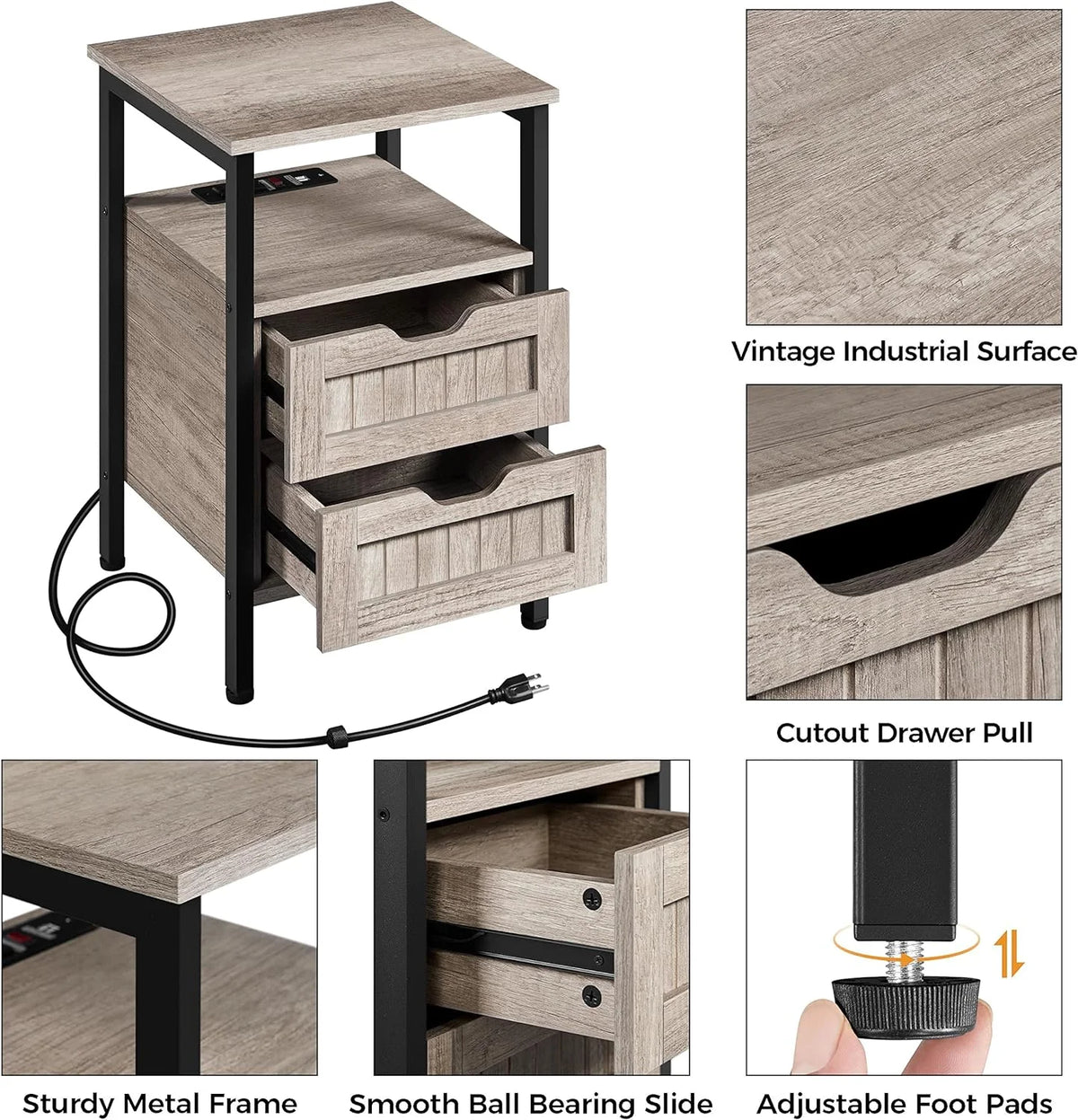 Gray Nightstand with Charging Station and Storage Drawers M7447