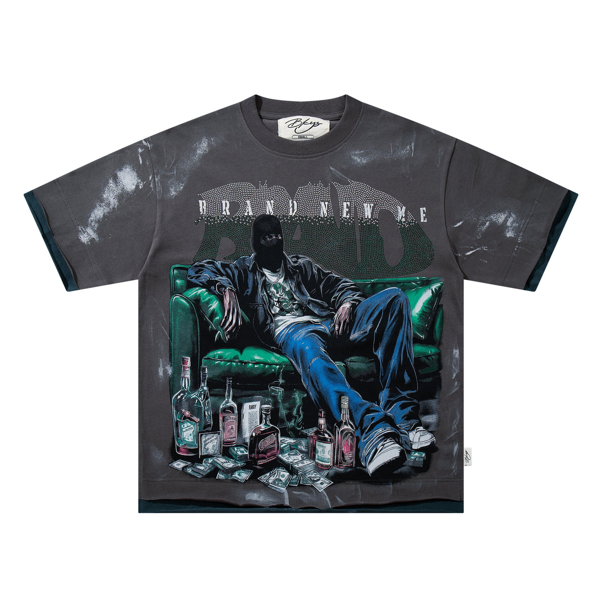 BKYS Brand New Me Balaclava Man Money Washed Oversized Graphic T‑Shirt
