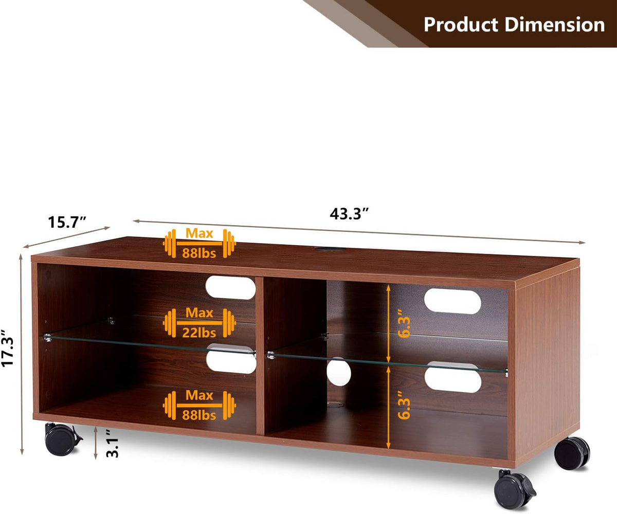 Rolling Wood Corner TV Console Stand with Wheels and Cabinets for up to 60 inch TVs, Walnut G9304