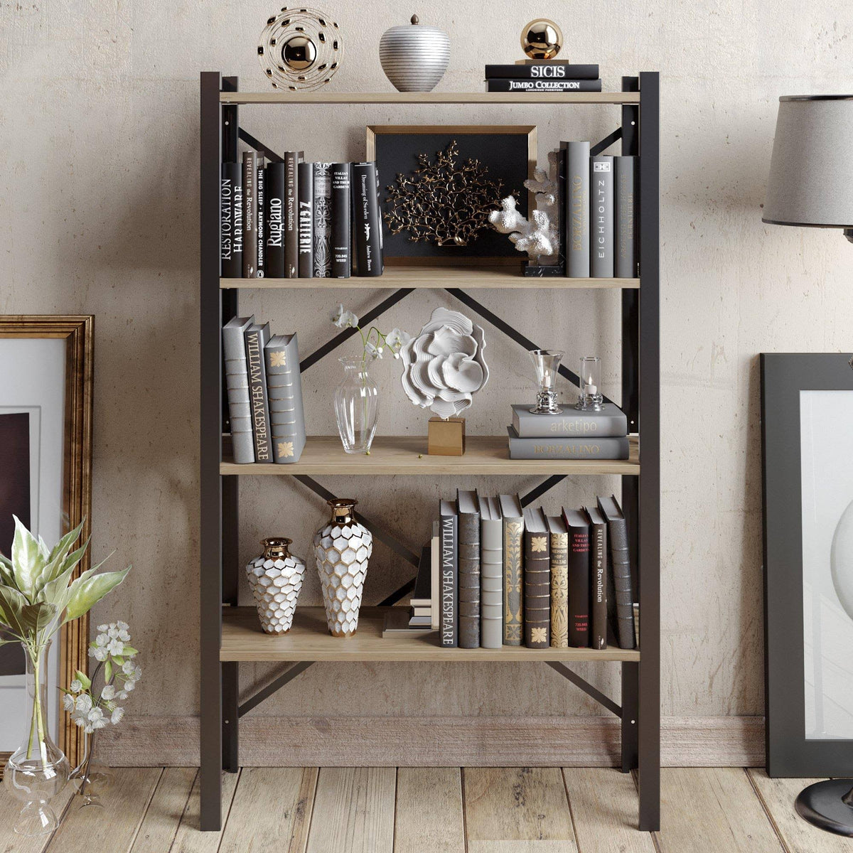 Tall Metal Wood Accent Bookcase H214
