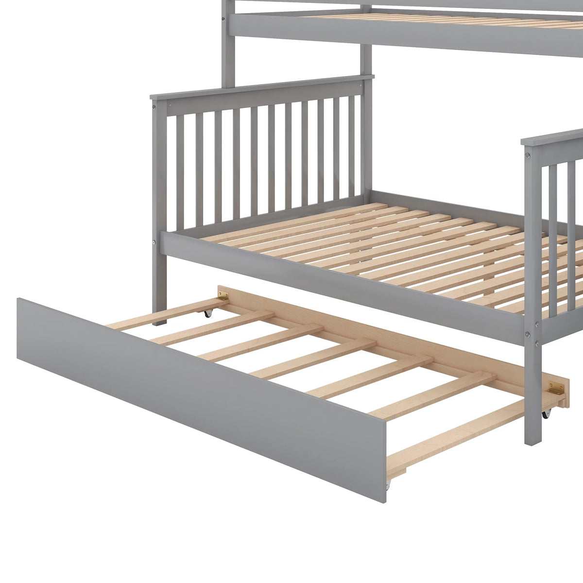 Twin over Full Bunk Bed with Trundle and Staircase, Gray Solid Wood H4270