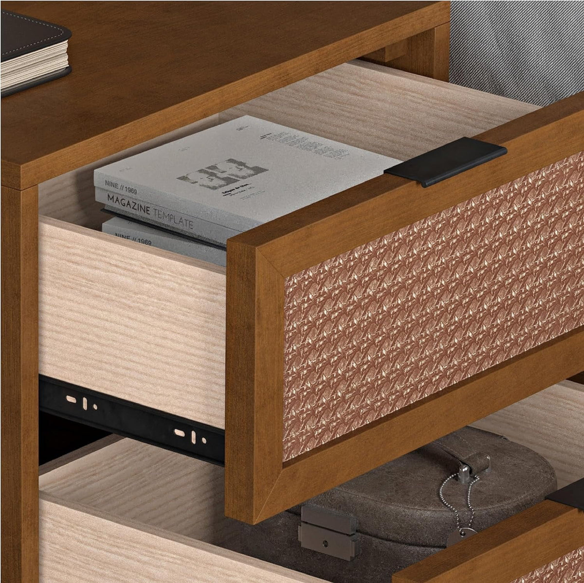Walnut Rattan 2-Drawer Nightstand I64561