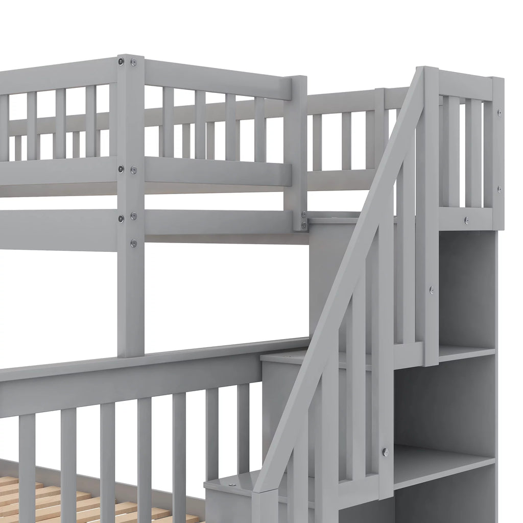 Twin over Full Bunk Bed with Trundle and Staircase, Gray Solid Wood H4270