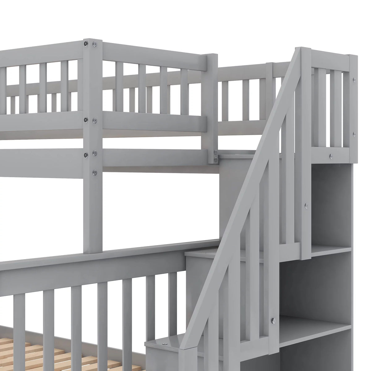 Twin over Full Bunk Bed with Trundle and Staircase, Gray Solid Wood H4270