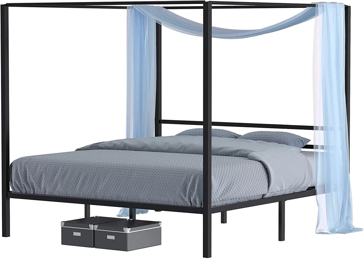 Queen Size Black Metal Canopy Platform Bed Frame with Headboard V90954