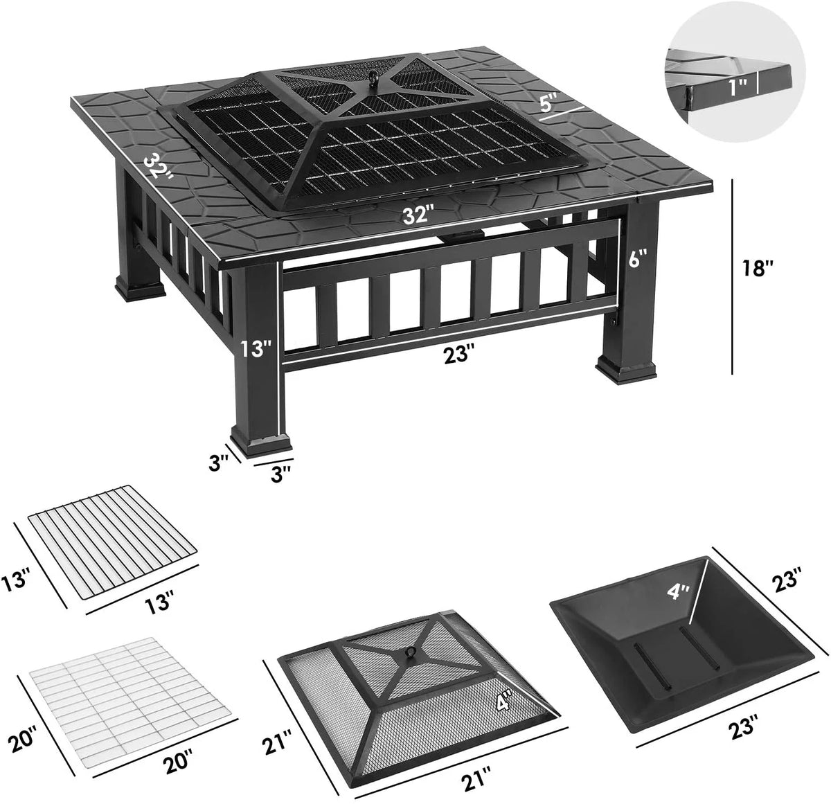 Steel 32'' Square Wood Burning Fire Pit G3736