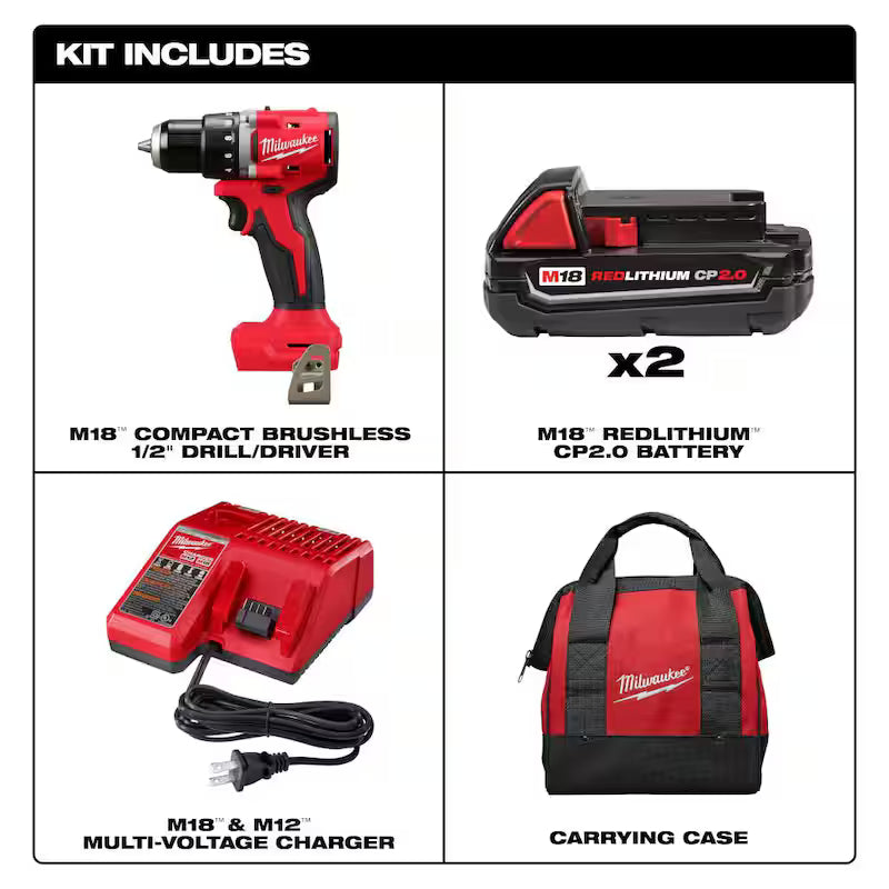18V Brushless Cordless 1/2 in. Compact Drill/Driver Kit with 45-Piece Screwdriver Bit Set X490104