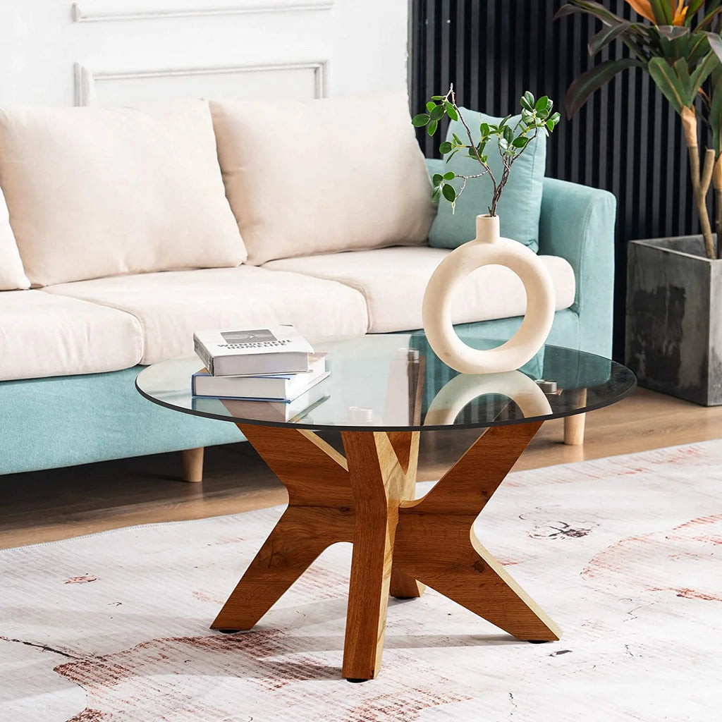 Round Glass Coffee Table with Wood Frame and Tempered Glass Top C256