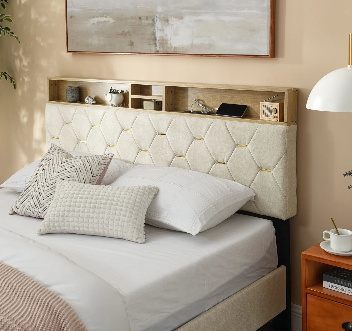 Upholstered Bed 160 x 200 cm with USB and Storage Headboard D1276