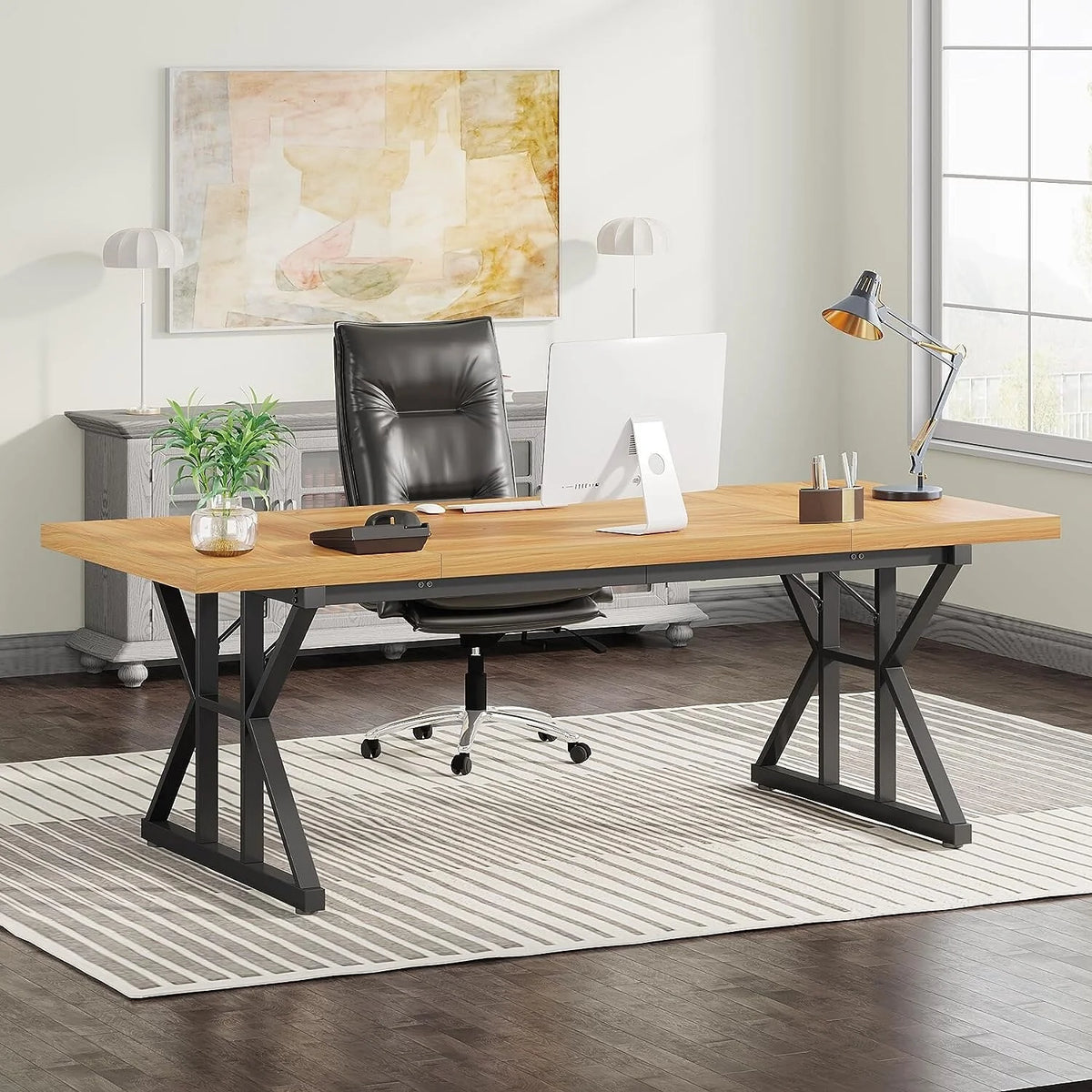 70.8-Inch Light Walnut/Black Executive Desk W7173