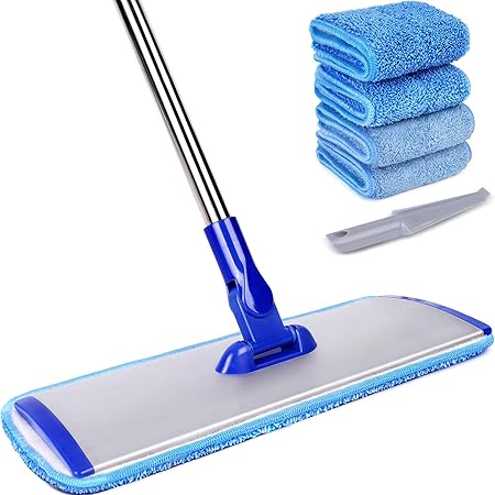 18" Microfiber Flat Mop with Stainless Steel Handle, 4 Reusable Mop Pads T941