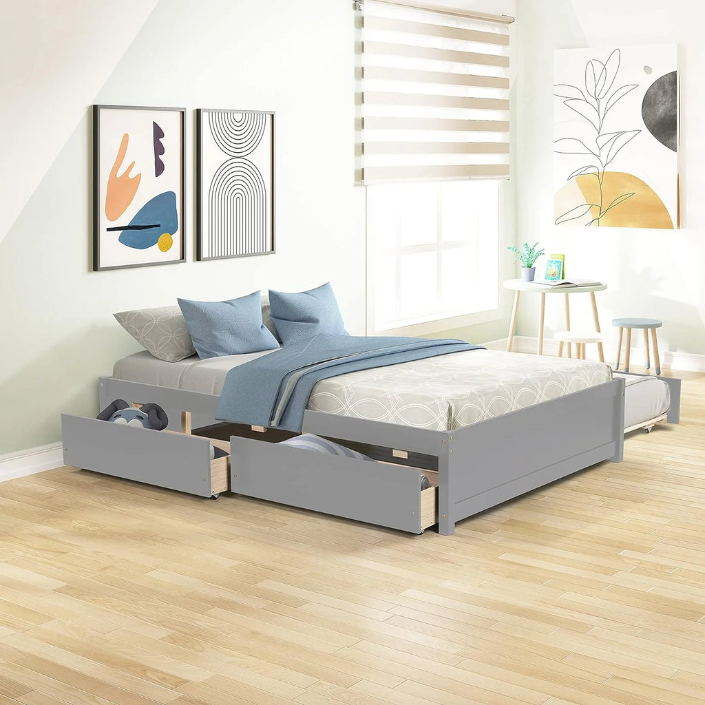 Full Size Wood Platform Bed with Trundle and 2 Drawers T661142