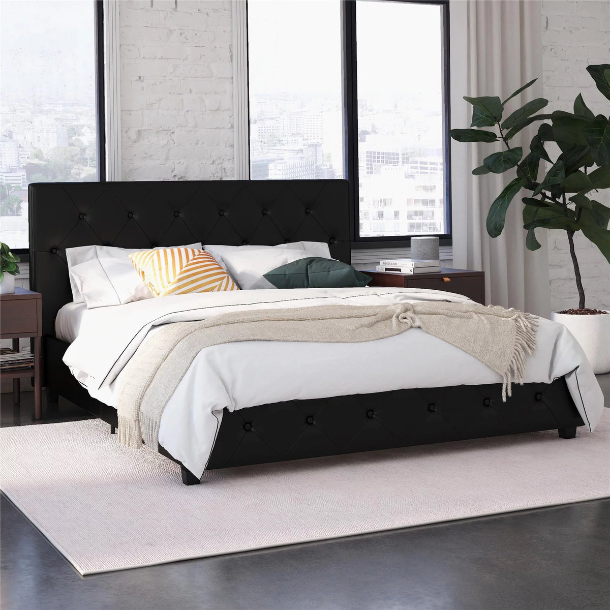 Queen Camel Faux Leather Upholstered Platform Bed R689