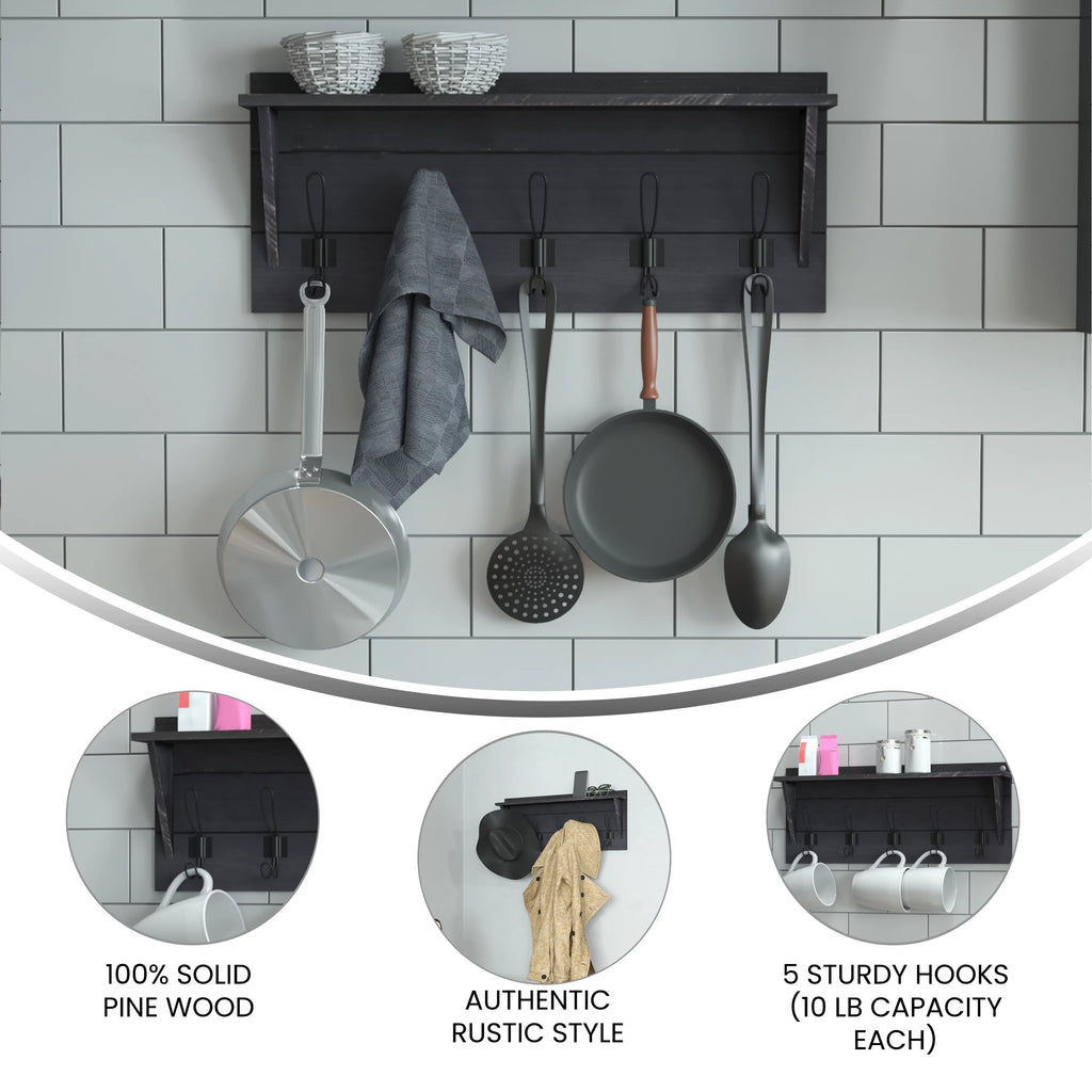 24 Inch Solid Pine Wood Wall Mounted Storage Rack with Shelf and 5 Hooks Z4708