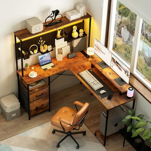 L Shaped Gaming Desk with LED Lights & Power Outlets R612