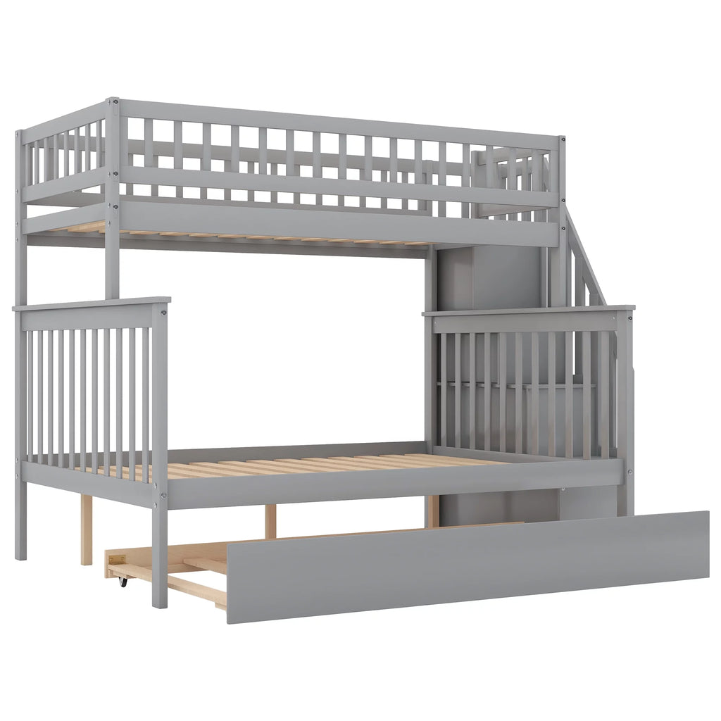 Twin over Full Bunk Bed with Trundle and Staircase, Gray Solid Wood H4270