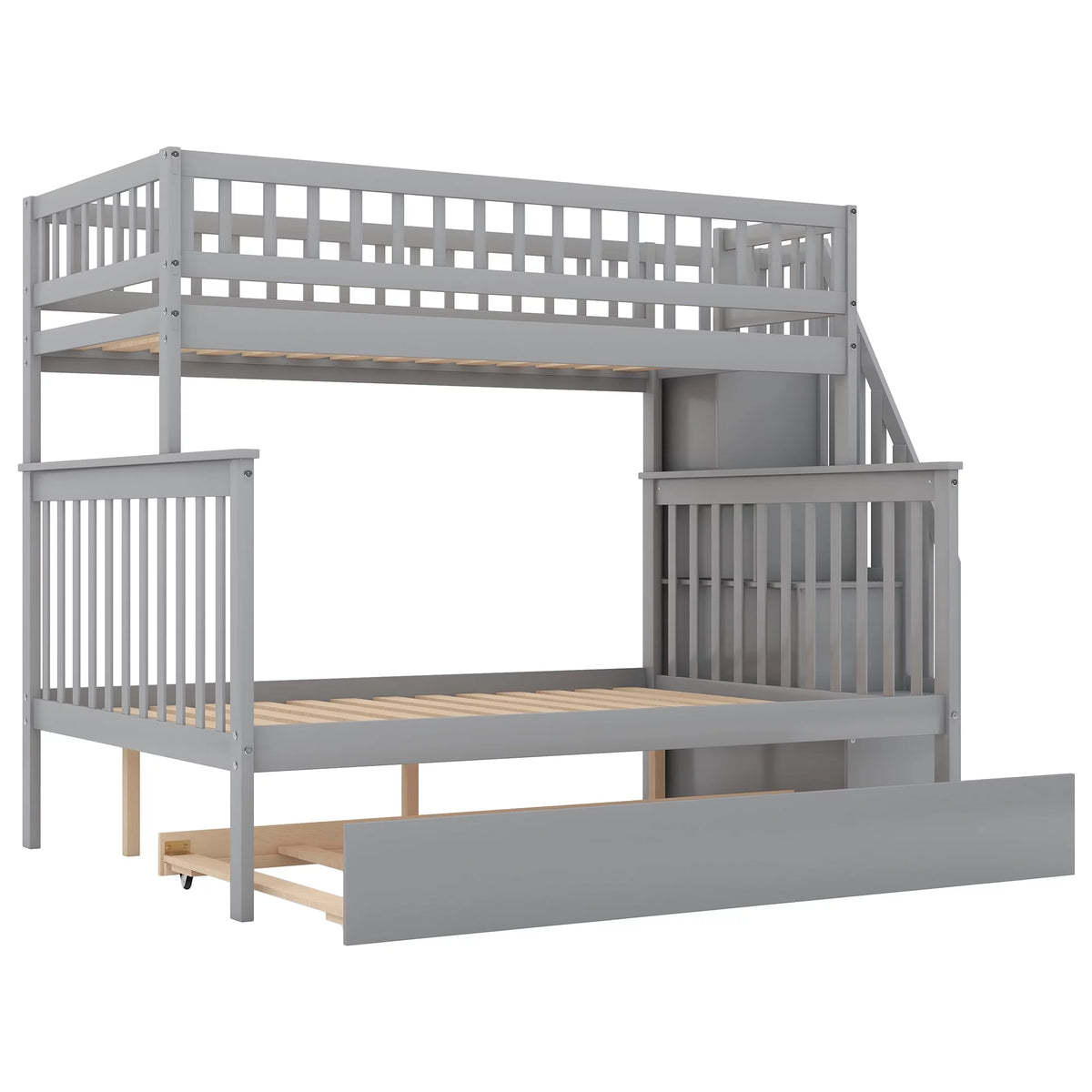 Twin over Full Bunk Bed with Trundle and Staircase, Gray Solid Wood H4270