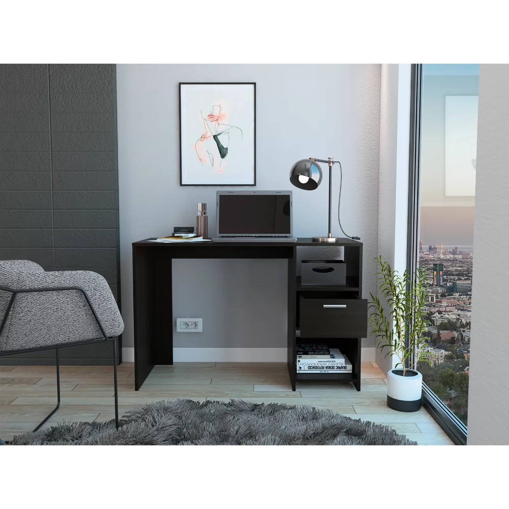 Black Computer Desk with 1 Drawer and 2 Shelves L1688