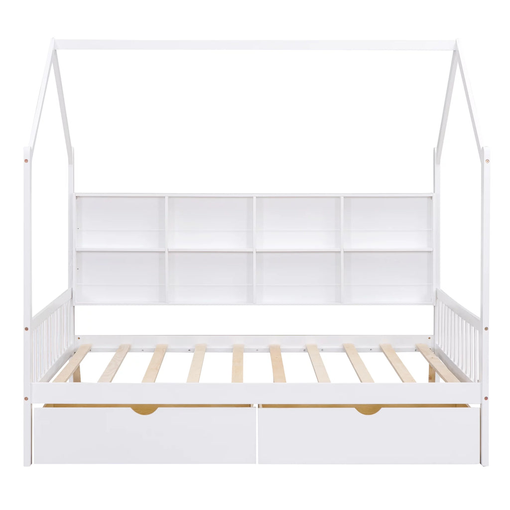 White Wood Full House Bed with Storage Drawers and Shelves R8030