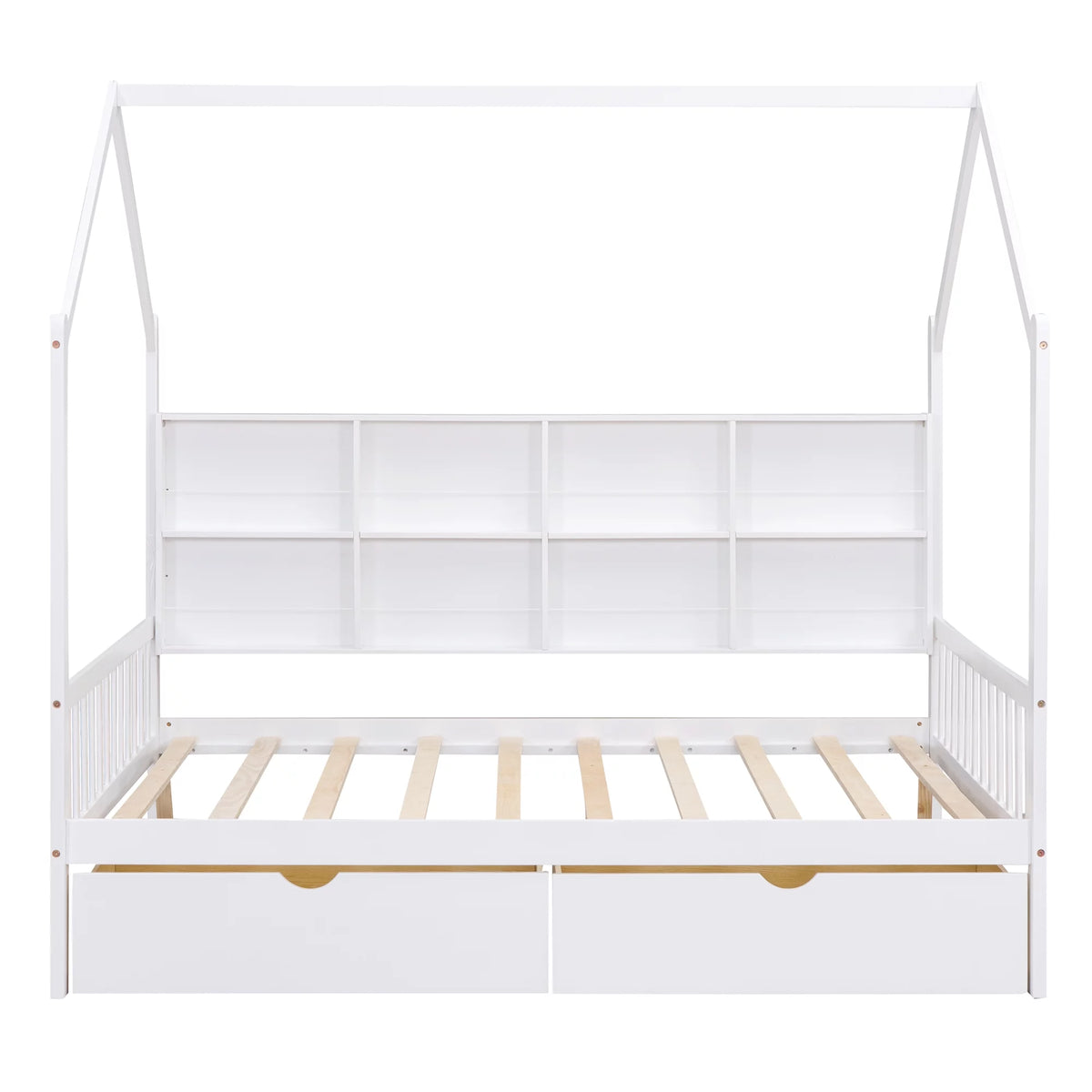 White Wood Full House Bed with Storage Drawers and Shelves R8030
