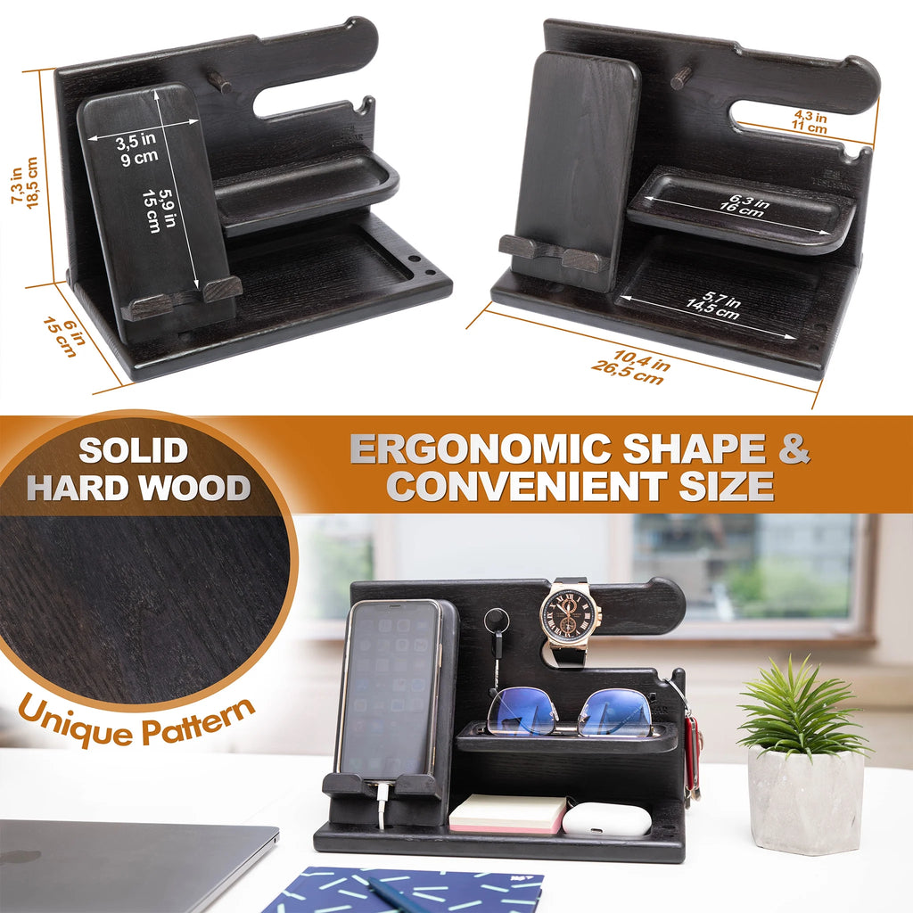 Wood Phone Docking Station Ash Key Holder Wallet Stand Watch Organizer Z33834
