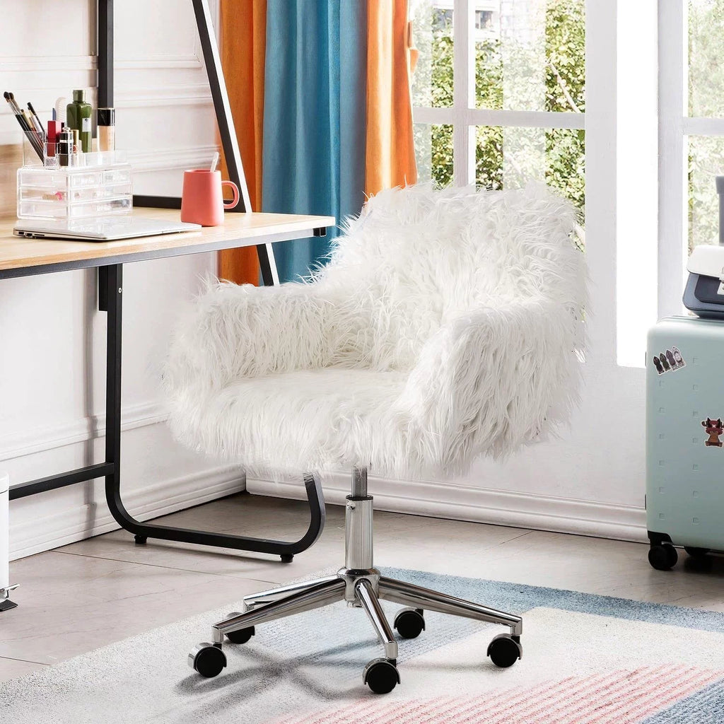 White Faux Fur Upholstered Swivel Vanity Chair K277
