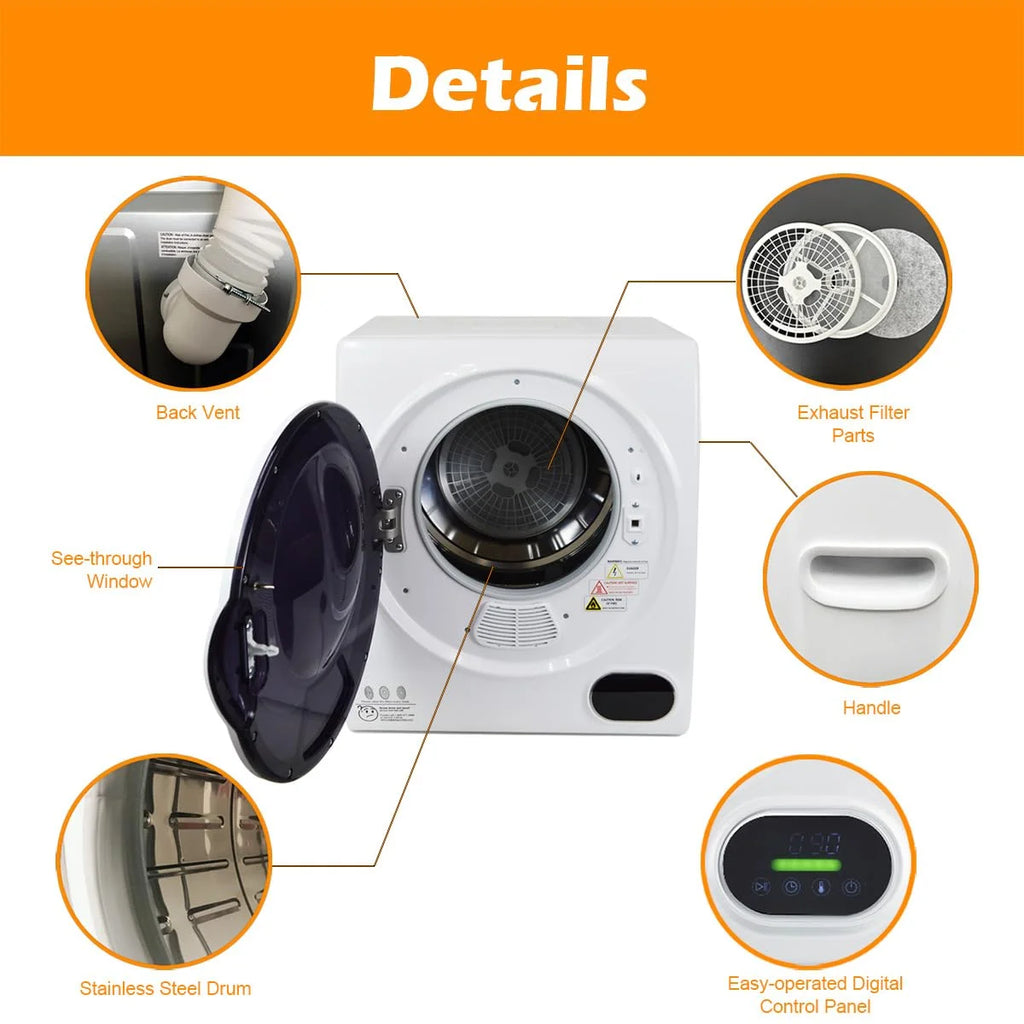 850W 1.50 cu. ft Electric Compact Laundry Dryer with Stainless Steel Drum V413