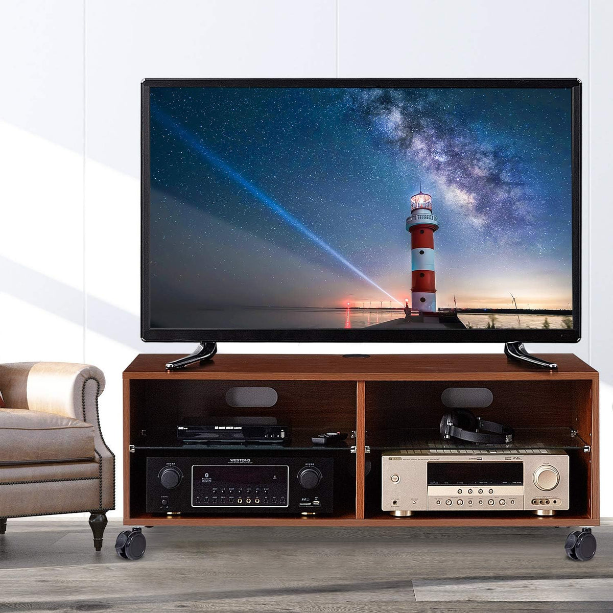 Rolling Wood Corner TV Console Stand with Wheels and Cabinets for up to 60 inch TVs, Walnut G9304