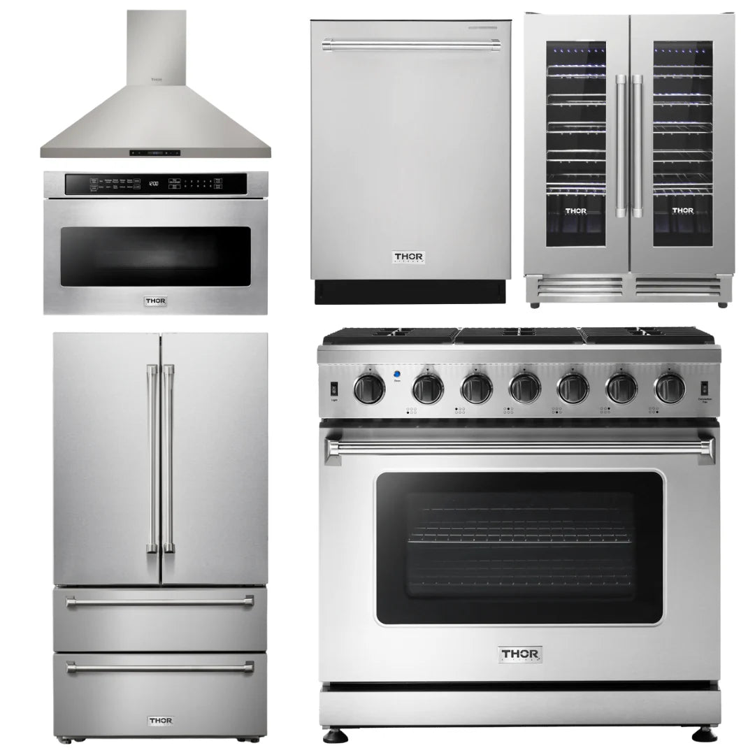 36 Gas Range, Range Hood, Microwave, Refrigerator, Dishwasher, Wine Cooler E113