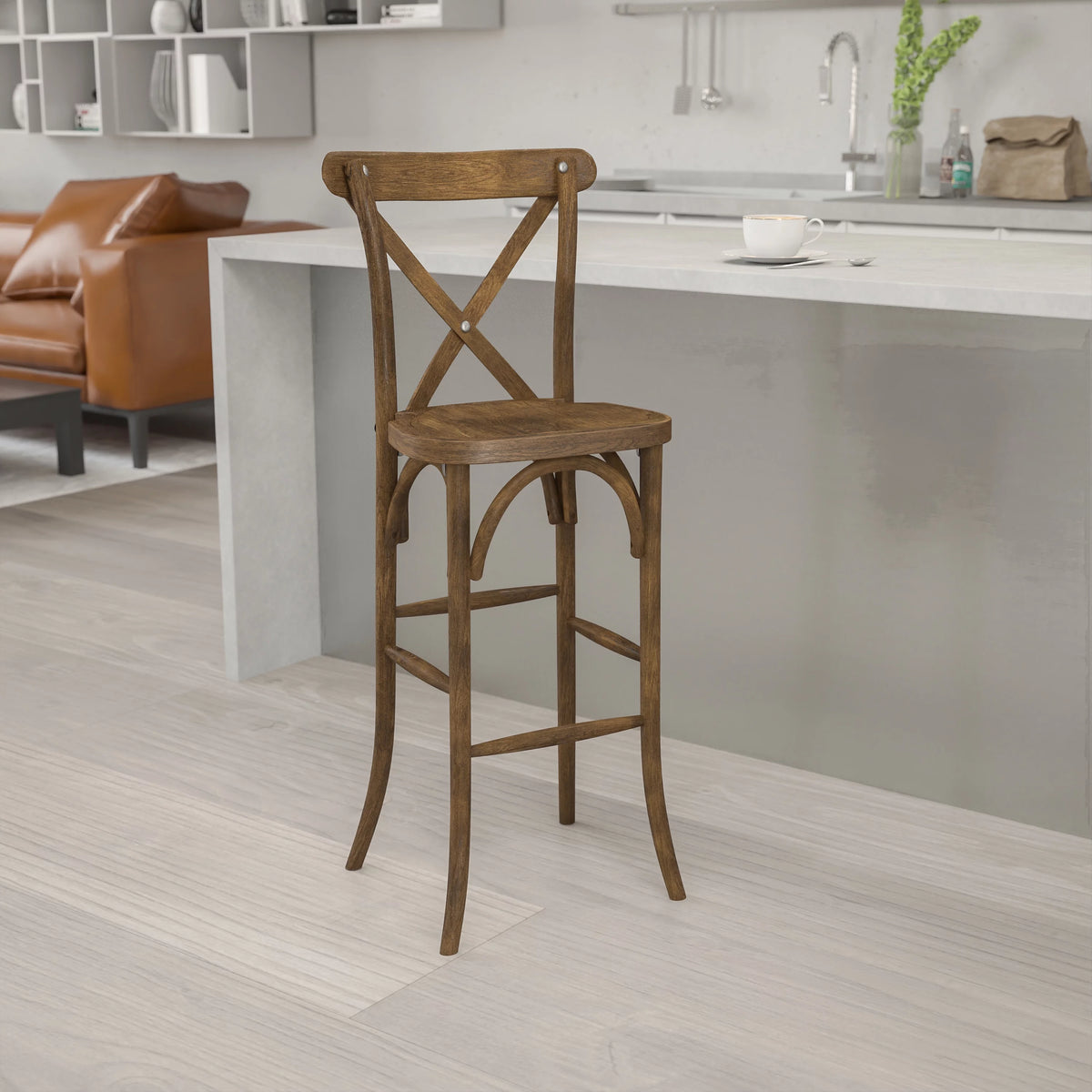 Dark Antique Wood Cross Back Barstool W713
