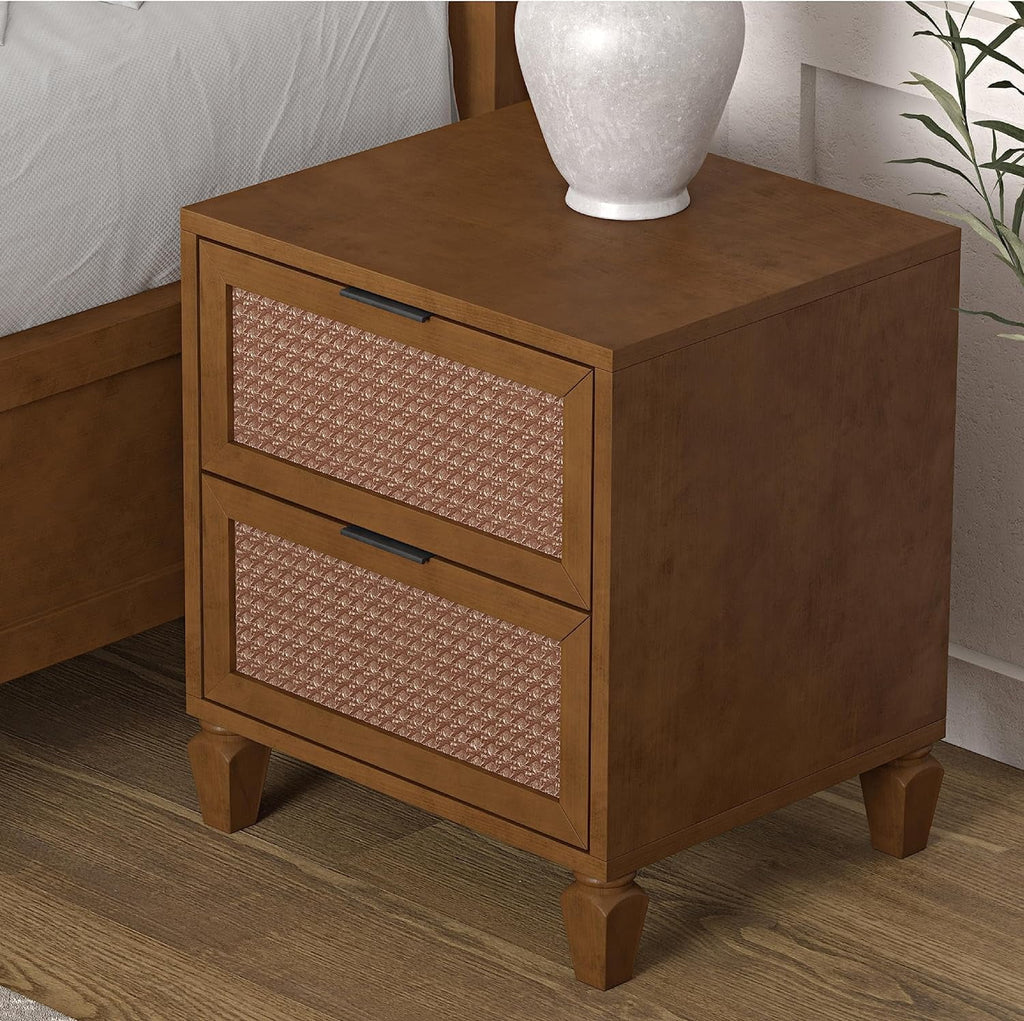 Walnut Rattan 2-Drawer Nightstand I64561