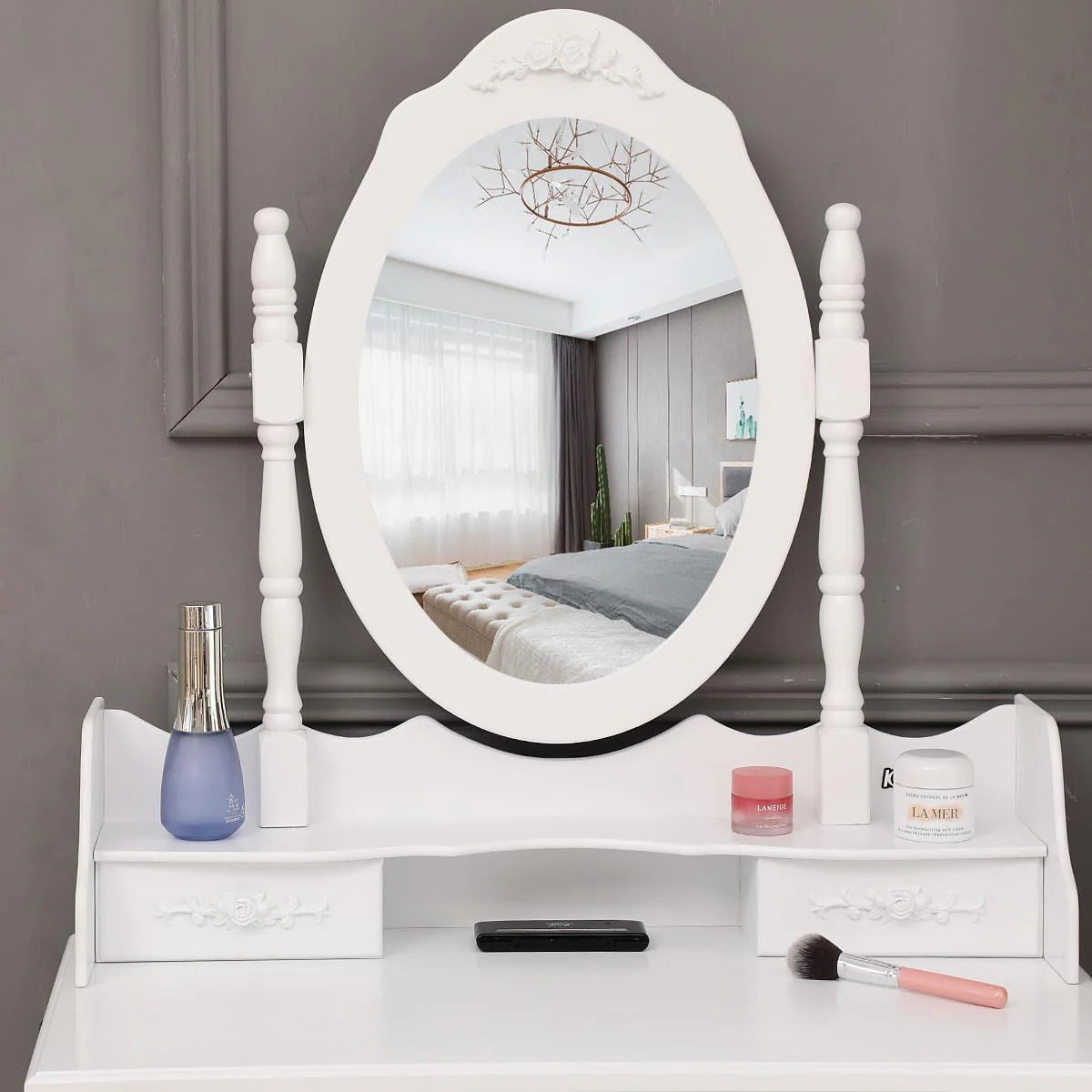 White Dressing Table and Stool Set with 4 Drawers & Mirror R22744